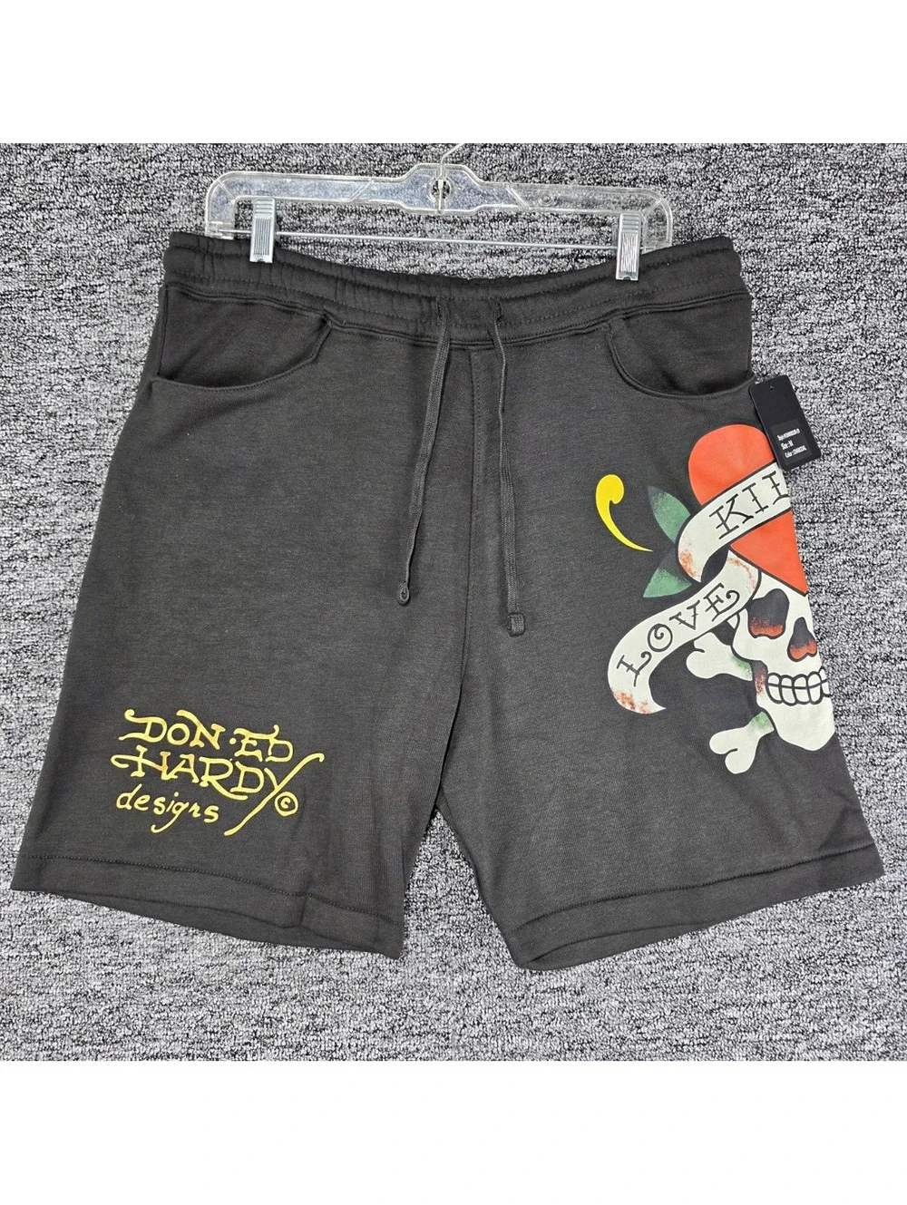 Ed Hardy Graphic Print Fleece Sweat Shorts Men Drawstring Pockets Charcoal M 8